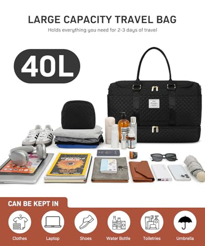 WINDARS Travel Duffle Bag, Weekender Bags for Women with Shoe Compartment, Overnight Bag with Toiletry Bag, Carry On Duffel Bags For Airplanes, Yoga Gym Duffel Bag, Black - color: Black