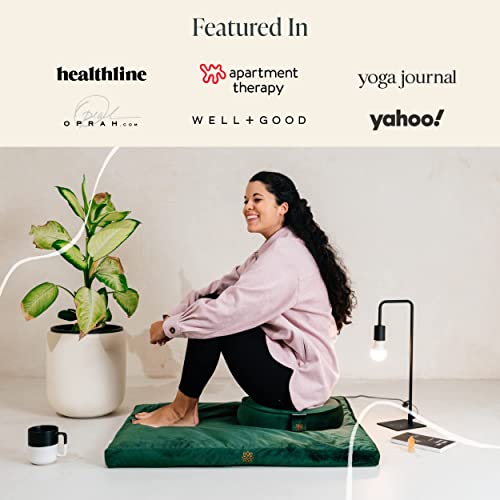Mindful & Modern Meditation Cushion and Zabuton Meditation Mat Bundle - Premium Luxury Velvet Meditation Cushion Set for Yoga - Buckwheat Zafu Floor Pillow and Rectangular Mat - Emerald Green Color
