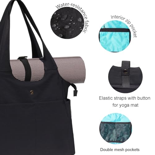 ESVAN Yoga Tote Bag Mat bag Women Shoulder Bags Carryall Tote for Travel Office Workout Gym Nurse Beach - color: Black