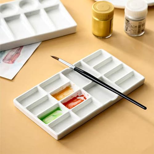 8" Porcelain Watercolor Palette - 14 Well Ceramic Artist Paint Palette with Mixing Tray for Painting and Craft Projects
