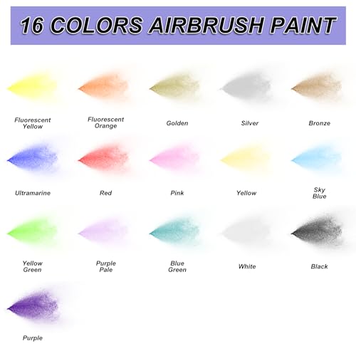 HOMY ARTY Airbrush Paint - 16 Colors with 2 Thinner | Ready to Spray Water-Based, Acrylic Air Brush Paints for Metal, Plastic Models, Canvas, Wood - 18 Bottles - color: 16 Colors with 2 Thinner
