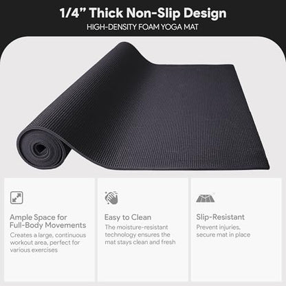 Fitvids All Purpose 1/4-Inch High Density Anti-Tear Exercise Yoga Mat with Carrying Strap with Optional Yoga Blocks, Multiple Colors - color: Black