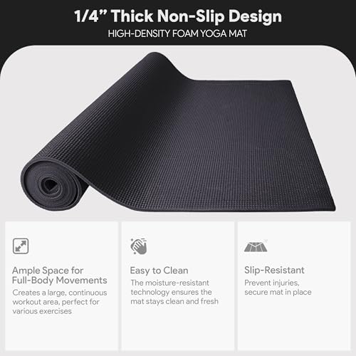 Fitvids All Purpose 1/4-Inch High Density Anti-Tear Exercise Yoga Mat with Carrying Strap with Optional Yoga Blocks, Multiple Colors - color: Black