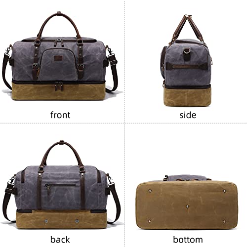 Nerlion Weekender Bag with Shoe Compartment Large Overnight Bag for Men Canvas Genuine Leather Carry on Luggage Bag Travel Duffel Bag(Gray) - color: Gray