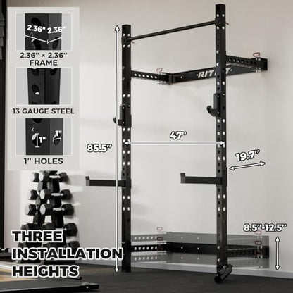 RitFit 2.36'' x 2.36'' Folding Squat Rack for Home Gym, Wall Mounted Squat Rack with Attachments - Space Saving Squat Power Rack - color: Black, style: Folding Squat Rack with RP230LBS