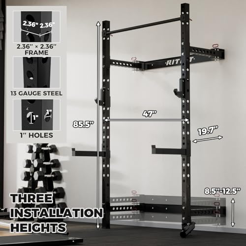 RitFit 2.36'' x 2.36'' Folding Squat Rack for Home Gym, Wall Mounted Squat Rack with Attachments - Space Saving Squat Power Rack - color: Black, style: Folding Squat Rack with Safebar