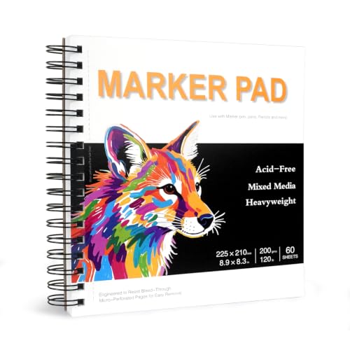Marker Pad 8.9x8.3 Inch – 60 Sheets, 200gsm, Spiral Sketchbook | Bleed-Proof Drawing Paper for Alcohol Markers, Colored Pencils & Mixed Media | Acid-Free Art Pad for Artists & Adults - size: 8.9x8.3