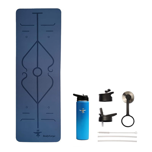BodyForge Yoga Mat Thick Exercise Mat Thick 8mm TPE Eco-Friendly with Alignment Marks Non-Slip Extra Thick High-Density for Women Men Workout Pilates & Sports Water Bottle Bundles - color: Blue/Light Blue, size: 22oz Bottle