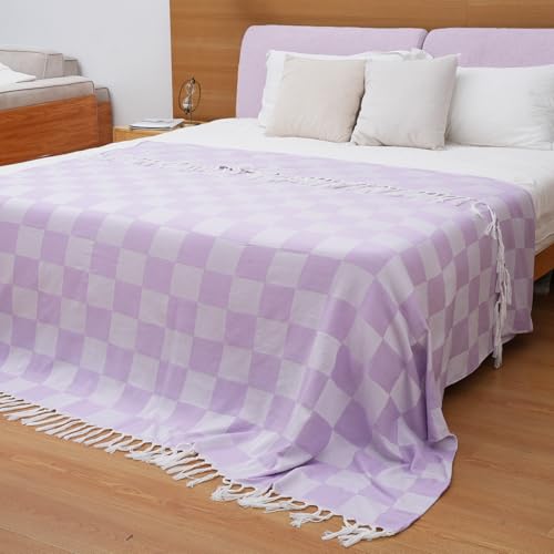 Extra Large Turkish Beach Towel Picnic Mat Throw Blanket Oversized Sandproof Boho Woven Summer Essential Yoga Accessories Park Patio Lawn Garden Grass Ground Play Music Festival Concert Must Have - color: Checked Purple, size: Giant Large 82'' x 90''