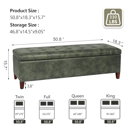 Joveco Storage Ottoman Bench, 51 Inch Tufted Leather Rectangle Bench for End Foot of Bed, Bedroom, Living Room, Deep Green - color: 51", Deep Green