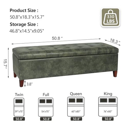 Joveco Storage Ottoman Bench, 51 Inch Tufted Leather Rectangle Bench for End Foot of Bed, Bedroom, Living Room, Deep Green - color: 51", Deep Green