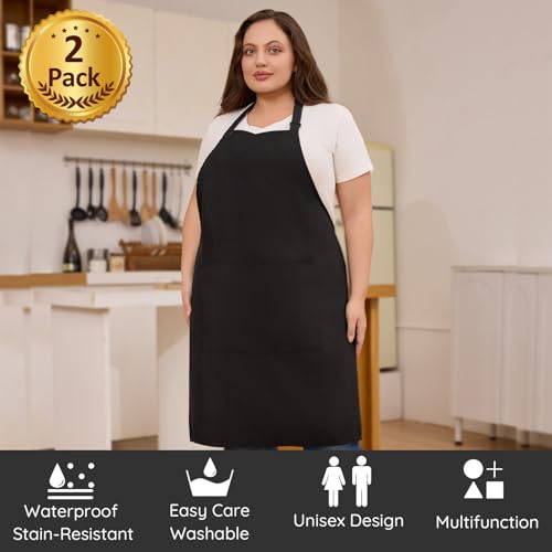 2 Pack Plus Size Waterproof Cooking Chef Apron with 2 Pockets for Men Women | Extra Large Design, Adjustable Neck Straps, Long Waist Ties, Professional Bib Aprons for Kitchen, Grilling, Gardening, Baking - color: Black