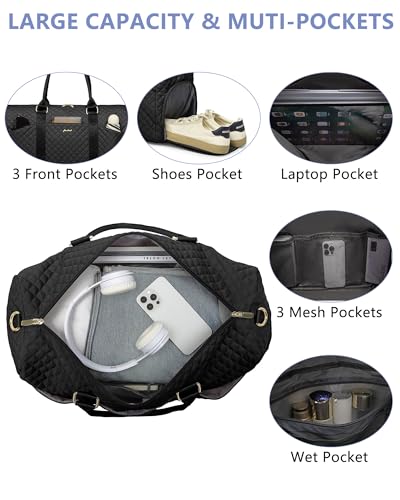 Women Weekender Travel Duffle Bag: Travel Duffel Overnight Bags with Shoe Compartment Large Carry on Tote with 2 Toiletry Bags Weekend Traveling Yoga Gym Hospital Bag for Womens with Wet Pocket Black - color: 19-Black - 3 PCS, size: Large