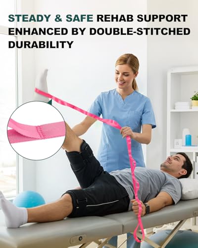 Trideer Non-Elastic Stretching Strap with Loops for Physical Therapy & Rehab, Knee Hip Leg ROM Post-Surgery, Yoga Strap for Stretching, Leg Lifter Strap Mobility Aid, Hamstring Calf Back - color: Pink/75"x1"