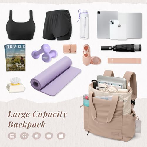 GOLF SUPAGS 3-in-1 Laptop Tote Backpack for Women 15.6" Quilted Work Gym Bag with Hidden Yoga Mat Carrier for Travel Leisure (Gravel Brown & Beige) - color: Gravel Brown & Beige