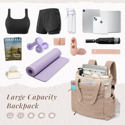 GOLF SUPAGS 3-in-1 Laptop Tote Backpack for Women 15.6" Quilted Work Gym Bag with Hidden Yoga Mat Carrier for Travel Leisure (Gravel Brown & Beige) - color: Gravel Brown & Beige