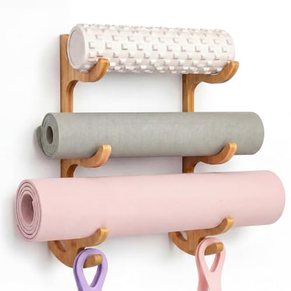 Junkin Yoga Mat Holder Wooden Wall Mount, Yoga Mat Gym Equipment Storage with 4 Hook Storage Holder for Hanging Foam Rollers and Resistance Bands for Home Gym or Fitness Class(Brown,3 Tier)