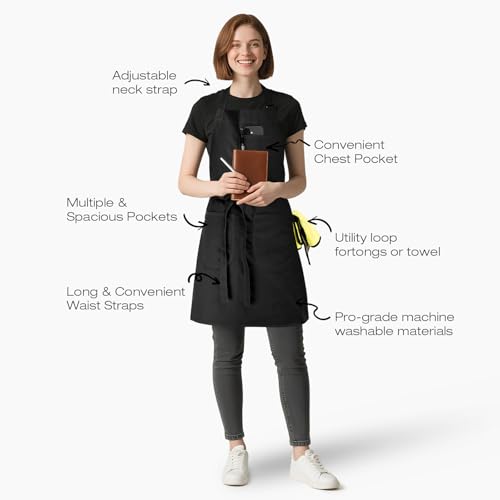 Unisex Apron with Pockets for Cooking, Salon & Art - 100% Cotton Adult Kitchen, Chef, Stylist Apron (Black) - color: Black