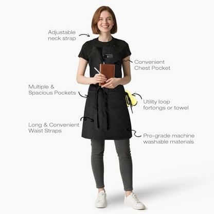 Unisex Apron with Pockets for Cooking, Salon & Art - 100% Cotton Adult Kitchen, Chef, Stylist Apron (Black) - color: Black