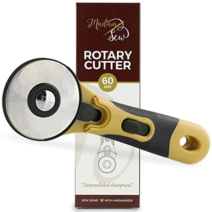Madam Sew 60mm Rotary Cutter for Fabric | Precision Cloth Cutting Tool with Tungsten Steel Blade and Safety Guard | Fabric Cutter Rotary Tool For Sewing, Arts & Crafts with Comfortable Handle - size: 60mm cutter