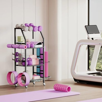 Homeiju Dumbbell Rack, Weight Rack for Home Gym, Yoga Mat Storage Holder with Lockable Wheels, Dumbbell Stand with Hooks, All in One Work out Equipment Storage for Yoga Mat Dumbbell and Balls - size: 4-Tier