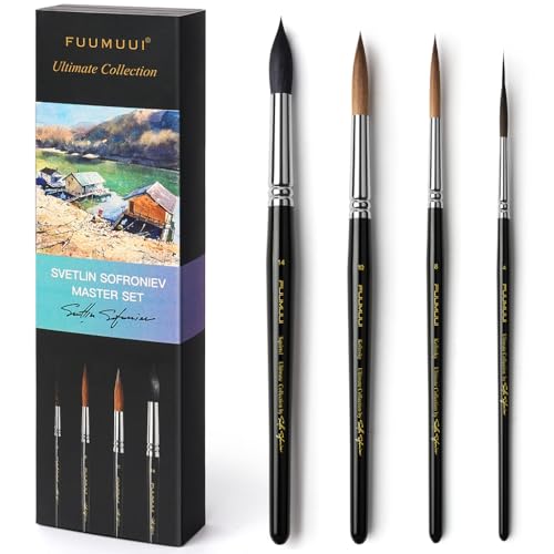 Watercolor Brushes Professional, Fuumuui 2pcs Kolinsky Sable Brushes, 1pc Pure Squirrel Mop Wash Round Brush & 1pcs Extended Needle Point Brush Perfect for Watercolor Acrylic Gouache Inks - size: 4pcs