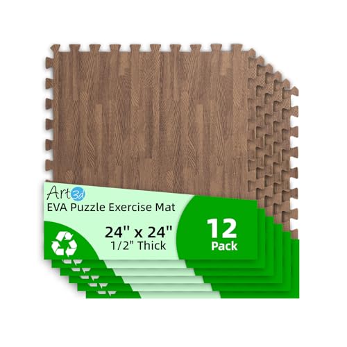 Art3d 12 Pack 24" x 24" EVA Interlocking Exercise Mats, 1/2" Thick Foam Puzzle Flooring for Workout, Gym Equipments, Training Areas, 48 Sq.FT, Dark Walnut - color: Dark Walnut, size: 48 Sq Ft