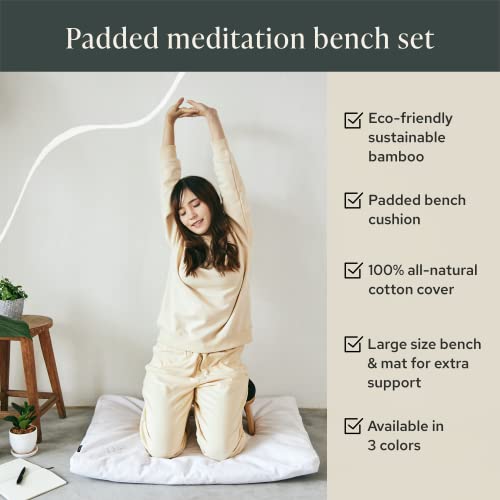Mindful Modern Bamboo Bench and Zabuton Meditation Mat Bundle - Small Kneeling Meditation Bench with Locking Magnetic Hinges - Wooden Kneeling Ergonomic Bamboo Seiza and Mat for Meditation