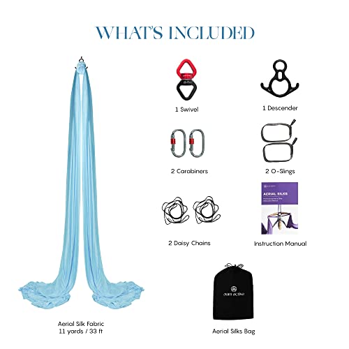Aerial Silks Yoga Hammock Kit, 11 Yards, Hardware and Swivel | Knitted fabric with swivel and guide, portable carry bag included, for aerial yoga, gymnastics and home gym practice - color: Light Blue