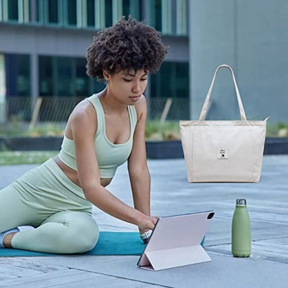 WLLWOO Yoga Mat Carrier Bag for Women Canvas Carryall Tote Gym Pilates | Large Holder Zipper Shoulder for Beach Travel Workout Fitness Office - color: Beige