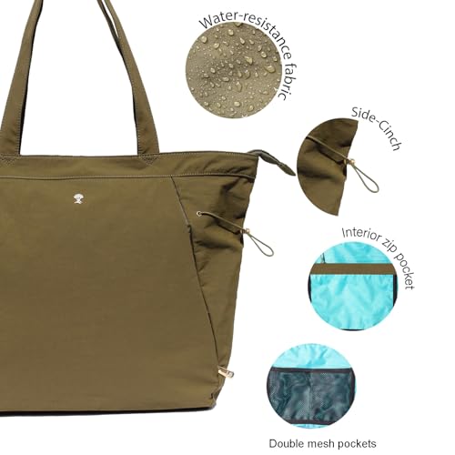 ESVAN Yoga Tote Bag for Women Shoulder Bags Drawstring for Office Workout Travel Carryall Pilates Gym and Beach - color: Nylon Dark Green