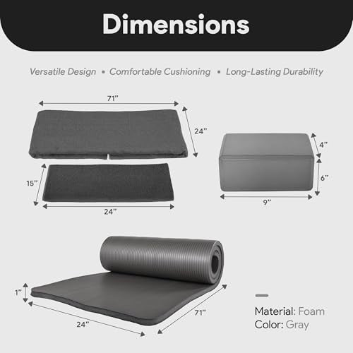 BalanceFrom 7-Piece Yoga Set with 71x24x0.5 Inches Extra Thick Mat and Carrying Sling – Includes 2 Blocks, Stretch Strap, 2 Towels, and Knee Pad for Home, Studio, and Gym Workouts - color: Gray