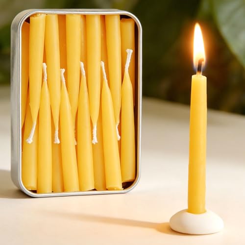 20 Minute 100% Pure Beeswax Candles, Mini Mindful Meditation Taper Candles, Smokeless & Dripless with Holder for Yoga, Prayer, Relaxation (Yellow,24 Pack) - color: Yellow