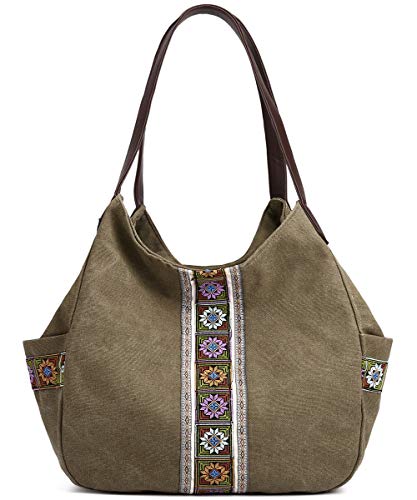 Worldlyda Women Canvas Hobo Purse Multi Pocket Tote Shopper Shoulder Bag Casual Top Handle handbag with Embroidery Ethnic - color: Army Green