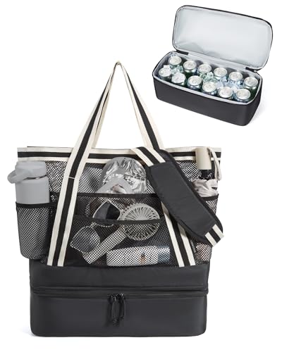 BAGSMART Beach Bag for Women, Mesh Tote Bags with Zipper, Sandproof Vacation Essentials with Cooler for Swim Cruise Pool - color: Black