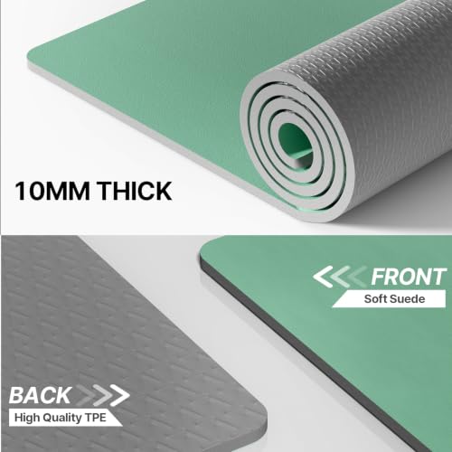 ILILI Suede TPE Yoga Mat, 10mm Thick, 76" x 28" Extra Long with Strap - color: Green