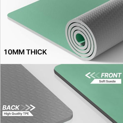 ILILI Suede TPE Yoga Mat, 10mm Thick, 76" x 28" Extra Long with Strap - color: Green
