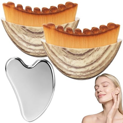 2PCS Lymphatic Contour Face Brush & Stainless Steel Gua Sha Tool Set, for Face and Neck Massage gua sha, Jawline Puffiness, Lifting, Relaxation, Lymphatic Drainage