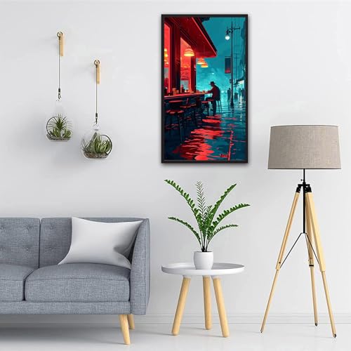 ARTGOTO Large Paint by Numbers for Adults Rainy Night Cafe | 15.7x27.5inch/40x70cm Paint by Number Kit on Canvas, Urban Street Acrylic Painting Set with Brushes, No Frame - color: PBN058