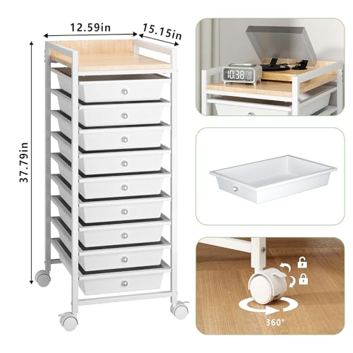 10 Tier Rolling Storage Utility Cart Organizers with 9 Drawers and Metal Fence Wooden Tabletop (White)