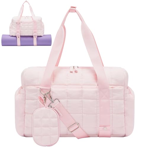 Small Gym Bag for Women, Puffy Sports Duffel Bag with Yoga Mat Holder - color: Pink, size: Small