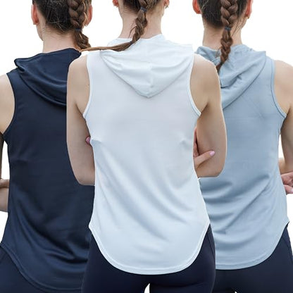 Womens Workout Hooded Tank Yoga Tops Running Shirts Quick Dry Gym Sleeveless Hoodie - color: 3 Pack: Black+white+grey, size: X-Large