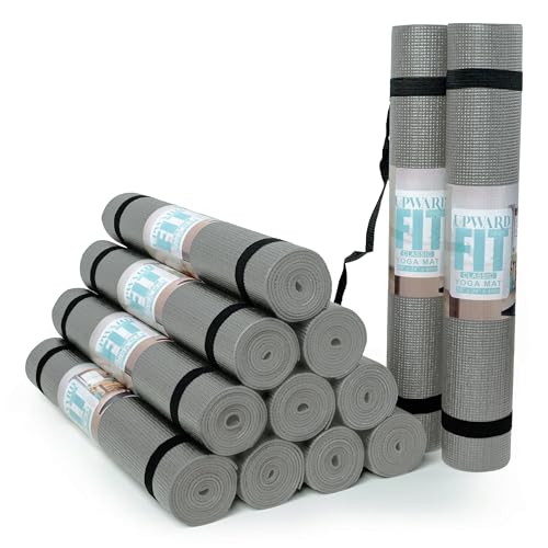 Bulk Yoga Mats, 12 Pack, With Strap, 68x24in, 4mm | Bulk Non Slip Exercise Mats for Workout, Stretching, Fitness - Wholesale Non Toxic Gym Mats for Home, Schools and Studios - color: Gray