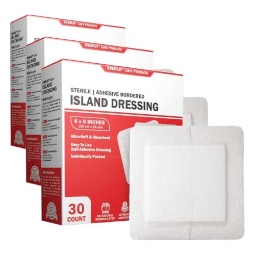 EVERLIT Island Dressing Bordered Gauze | Large Wound Care Bandage with Adhesive Border| Sterile, Soft & Highly Absorbent Medical Grade Dressing Pad (6x6 Inch (Pack of 90)) - size: 6x6 Inch (Pack of 90)