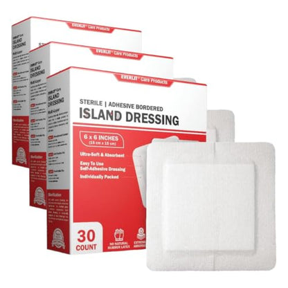 EVERLIT Island Dressing Bordered Gauze | Large Wound Care Bandage with Adhesive Border| Sterile, Soft & Highly Absorbent Medical Grade Dressing Pad (6x6 Inch (Pack of 90)) - size: 6x6 Inch (Pack of 90)