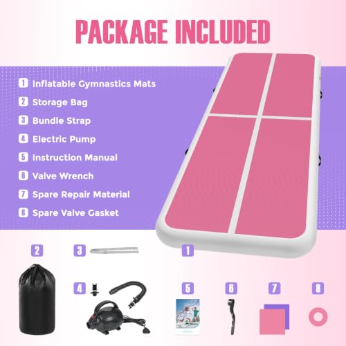 Inflatable Gymnastics Mat Air Tumble Track Tumbling Mats with Pump - color: White Pink Purple, size: 10ft*3.3ft*4inch(3m*1m*10cm)