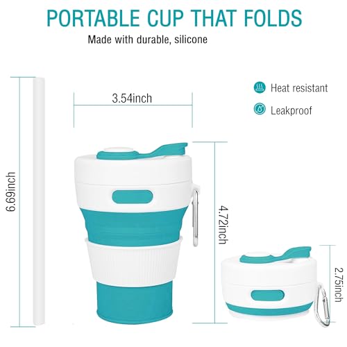 Silicone Collapsible Travel Mug Green 15oz / 450ml - Leak-Proof Reusable Silicone Water Bottle for Hot and Cold Beverages - Travel Office and Home - Dishwasher Safe - Straw Included - color: Green