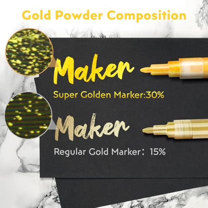 HOTU 5 Pack Super Gold Paint Markers - Metallic Gold Acrylic Paint Pens Glitter Extra Fine Tip 0.7mm for Black Paper,Wood, Rock Painting, Glass, Fabric | Metallic Gold Paint Pens, Water-Based, For Rock Painting, Crafting, Paper, Wood, Glass, Fabric,Metal,