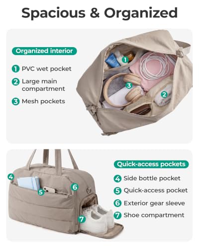 BAGSMART 2 Set Gym Bag for Women, Yoga Bag with Water Bottle Holder | For yoga travel sports dance, 25L pilates bag, overnight duffle bag - color: Green, style: Puffer Crossbody