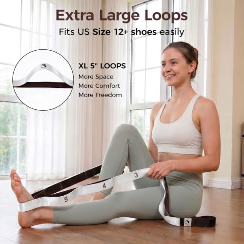Slim Panda Stretching Strap with Loops - Non-Elastic Heavy Duty Nylon Yoga & PT - Oversized Multi-Loop Home Rehab - Hamstring Shoulder Pilates Flexibility - color: Beige